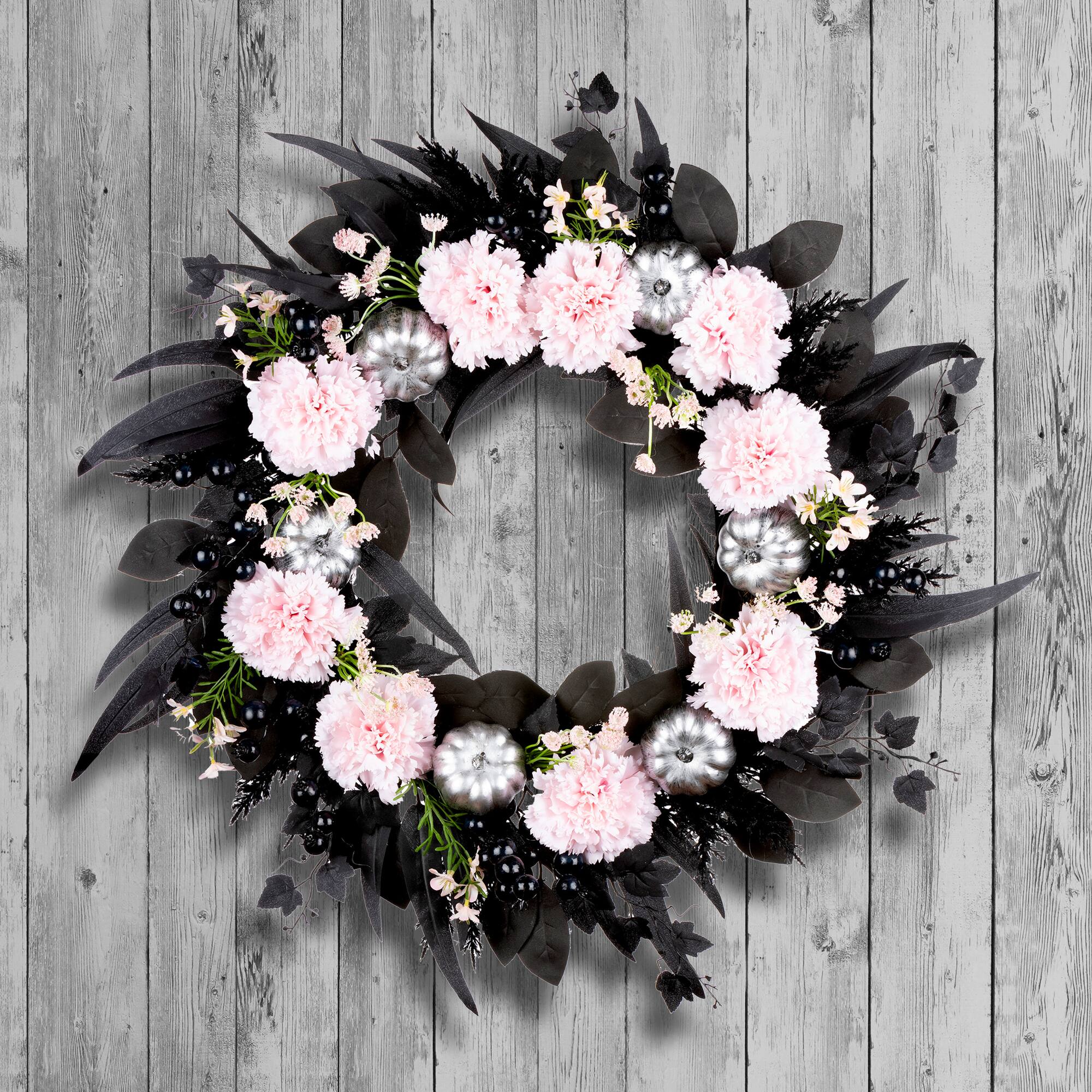 26" Pretty Morbid Pink Carnation Halloween Wreath